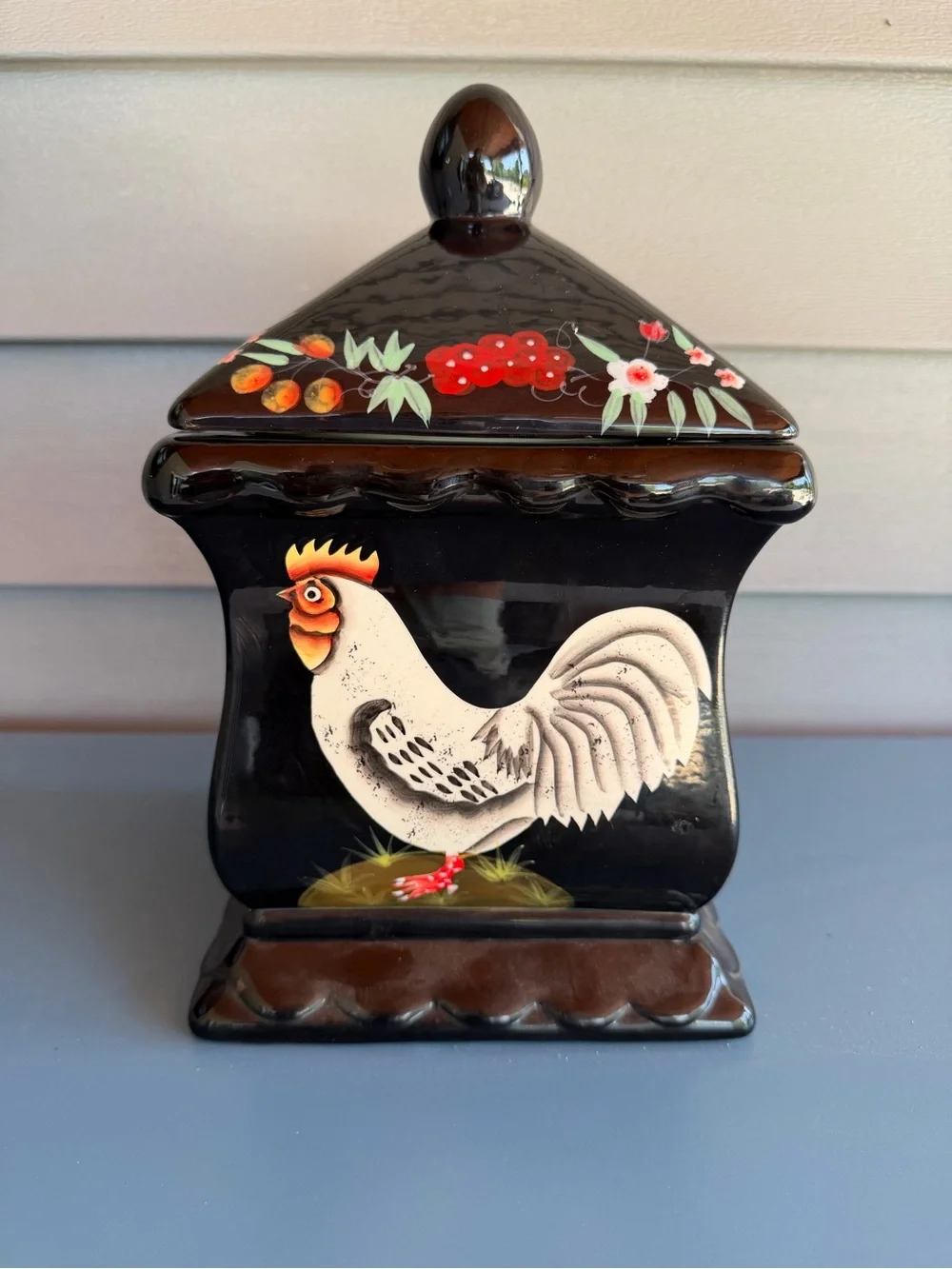 Vintage Black Ceramic Rooster Storage Canister with Lid